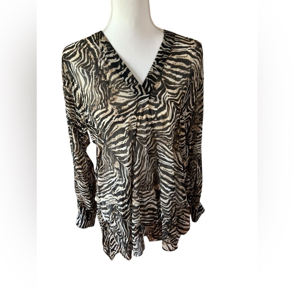 CCH Tiger Print Cream Brown Sheer V-Neck Long Sleeve Blouse